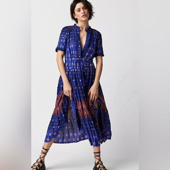 Free People Rare Feelings Maxi Dress By - Capri Blue Combo Size XS - Picture 4 of 6